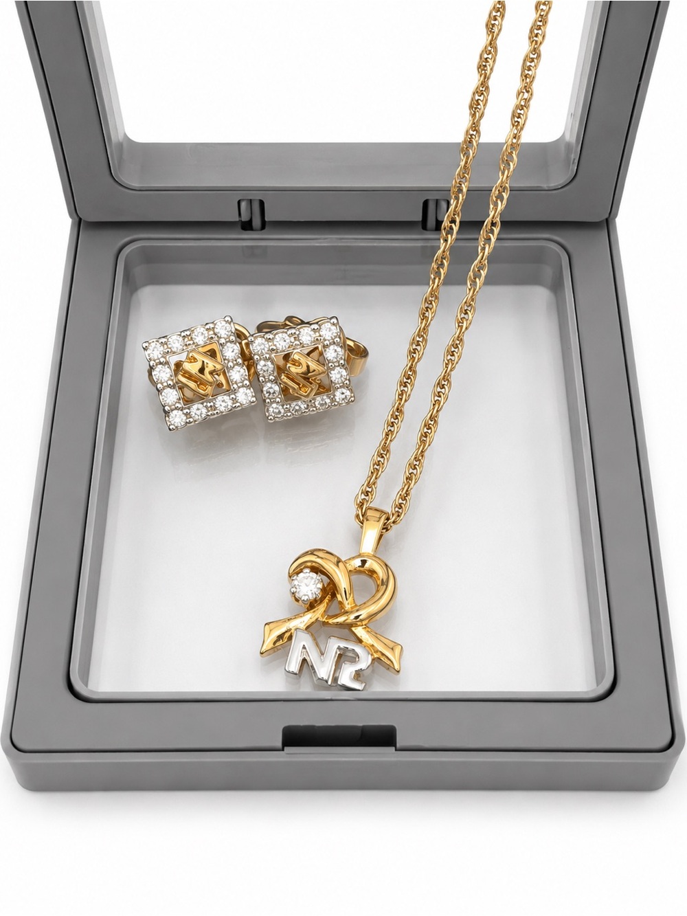 Vintage Nina Ricci Gold Tone NR Necklace & Clip Earrings Rhinestone Signed Set - Picture 2 of 4
